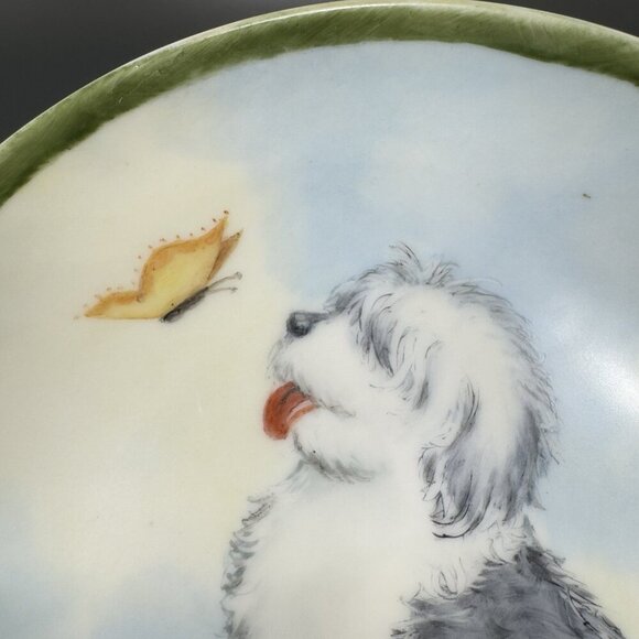German Porcelain Dish Plate Old English Sheepdog With Butterfly Painted Signed - Picture 6 of 15